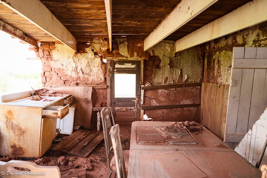 Abandoned adobe house in the Route 66 ghost town of Newkirk, New Mexico.