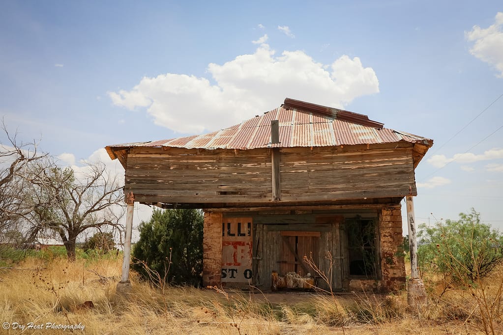Abandoned post office and general store in the Route 66 ghost town of Newkirk, New Mexico.