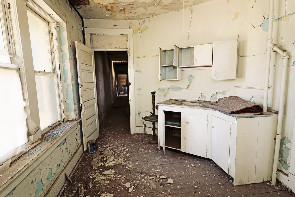 Kitchen in the abandoned Kuhn Hotel, New Mexico.