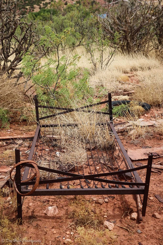 Abandoned bed frame in the Route 66 ghost town of Cuervo, New Mexico.